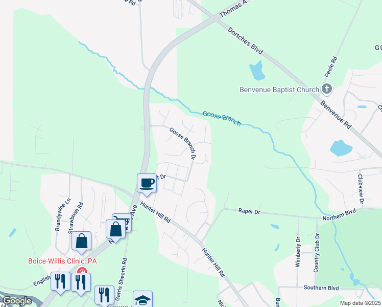map of restaurants, bars, coffee shops, grocery stores, and more near 2235 Goose Branch Drive in Rocky Mount