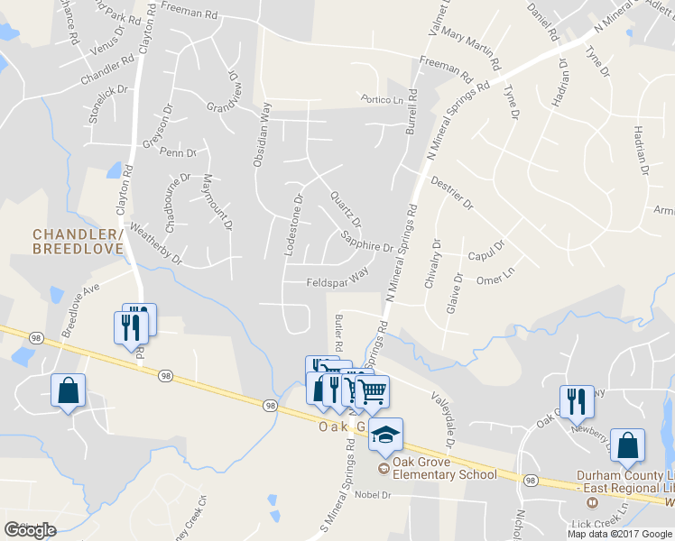 map of restaurants, bars, coffee shops, grocery stores, and more near 404 Quartz Drive in Durham