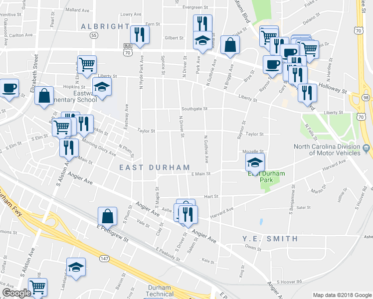 map of restaurants, bars, coffee shops, grocery stores, and more near 210 North Driver Street in Durham