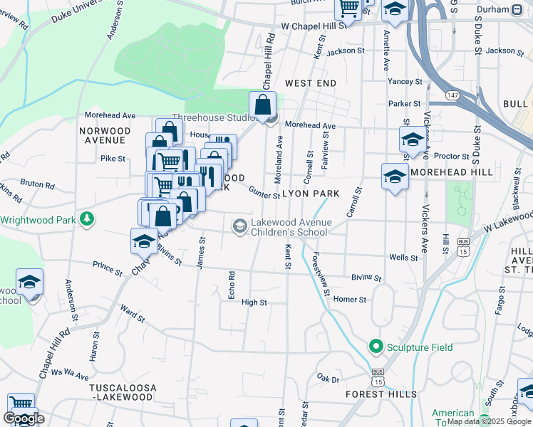 map of restaurants, bars, coffee shops, grocery stores, and more near 1213 Rosedale Avenue in Durham