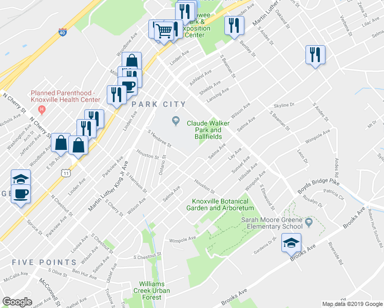 map of restaurants, bars, coffee shops, grocery stores, and more near 2831 Wilson Avenue in Knoxville