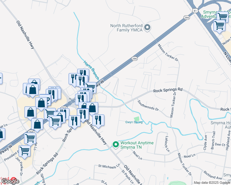 map of restaurants, bars, coffee shops, grocery stores, and more near 255 Sam Ridley Parkway West in Smyrna