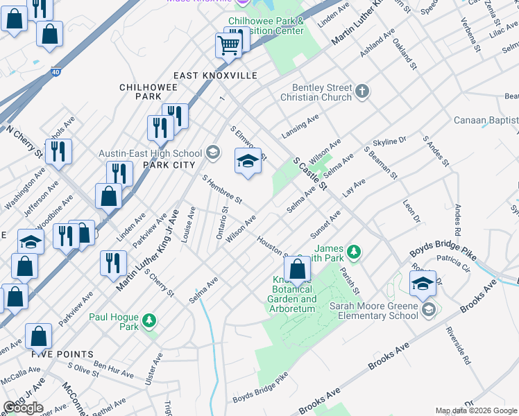 map of restaurants, bars, coffee shops, grocery stores, and more near 436 South Hembree Street in Knoxville