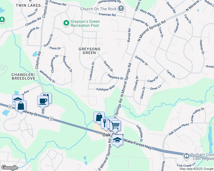 map of restaurants, bars, coffee shops, grocery stores, and more near 406 Quartz Drive in Durham