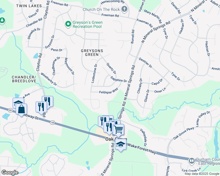 map of restaurants, bars, coffee shops, grocery stores, and more near 406 Quartz Drive in Durham