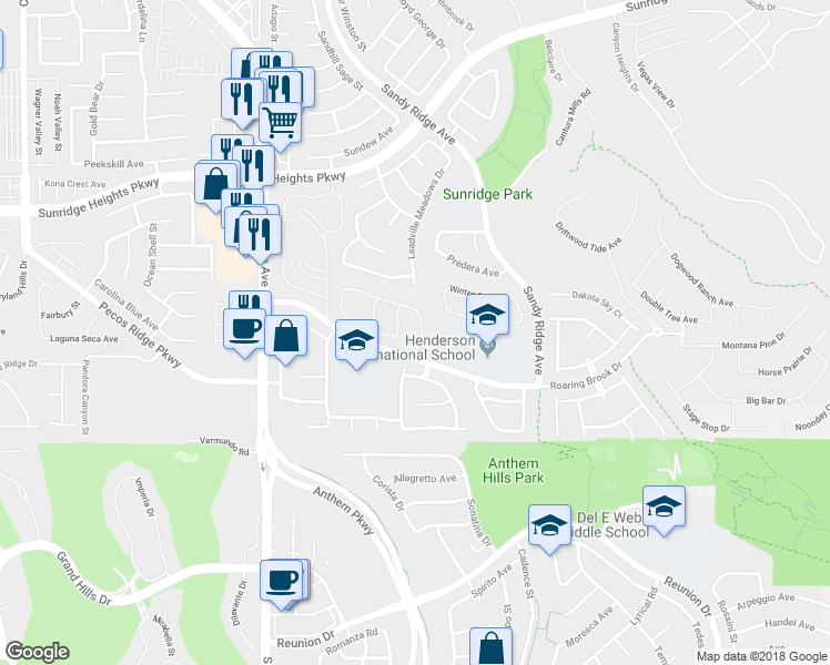 map of restaurants, bars, coffee shops, grocery stores, and more near 1135 Hidden Mist Street in Henderson
