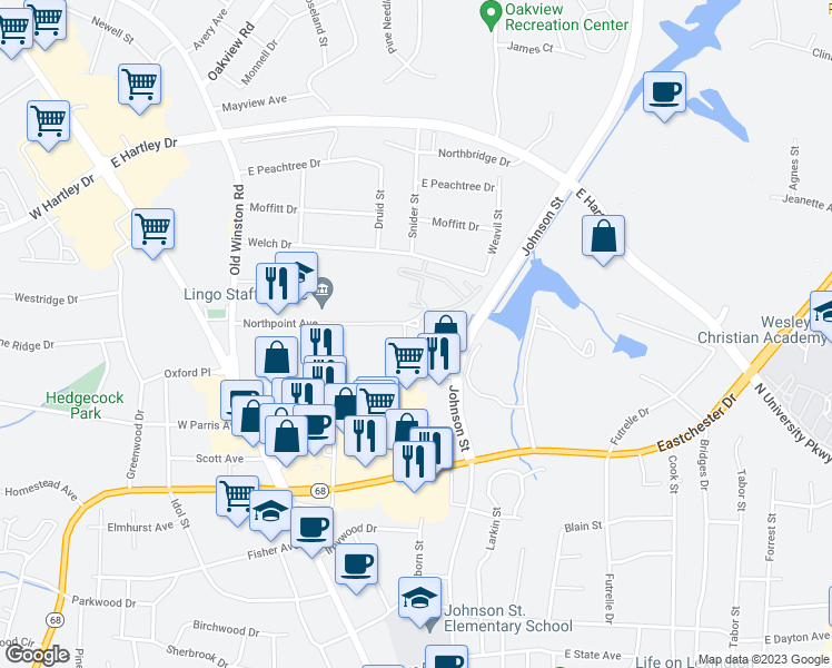 map of restaurants, bars, coffee shops, grocery stores, and more near 232 Northpoint Avenue in High Point