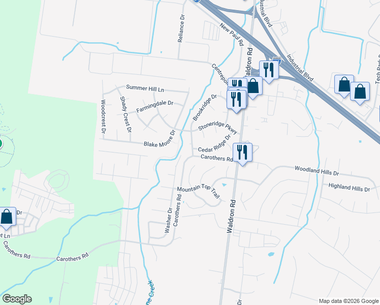 map of restaurants, bars, coffee shops, grocery stores, and more near 170 Brookridge Drive in La Vergne