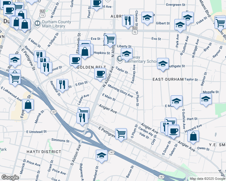 map of restaurants, bars, coffee shops, grocery stores, and more near 124 North Holman Street in Durham