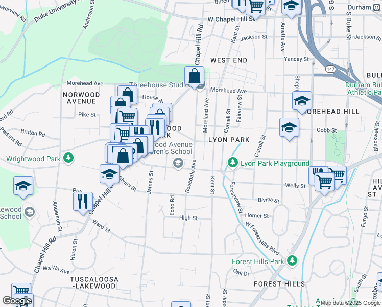 map of restaurants, bars, coffee shops, grocery stores, and more near 1206 Rosedale Avenue in Durham