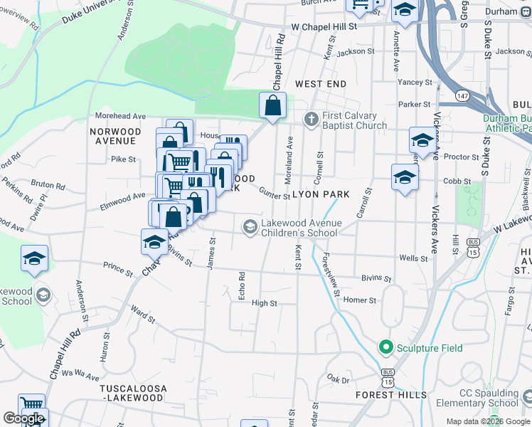 map of restaurants, bars, coffee shops, grocery stores, and more near 1206 Rosedale Avenue in Durham