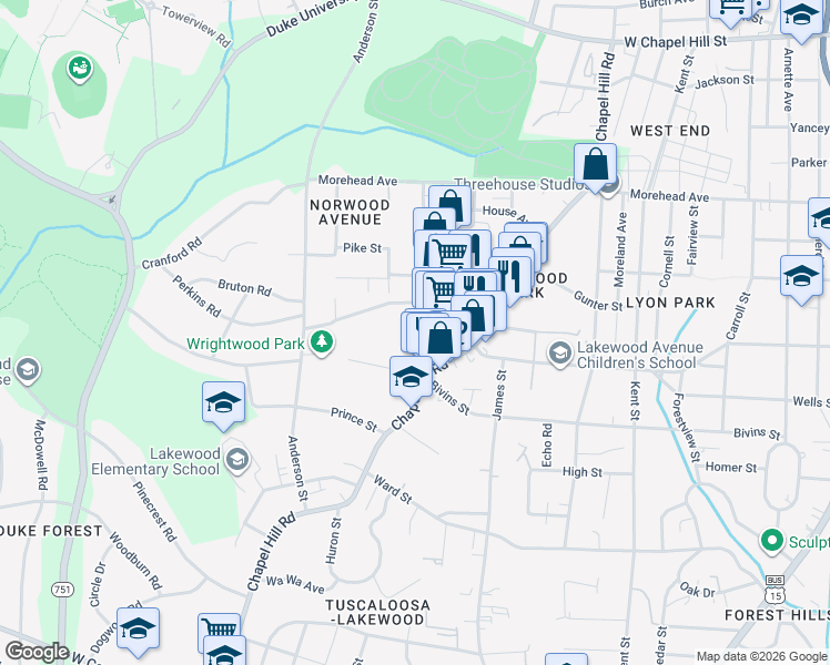map of restaurants, bars, coffee shops, grocery stores, and more near 2006 Jersey Avenue in Durham