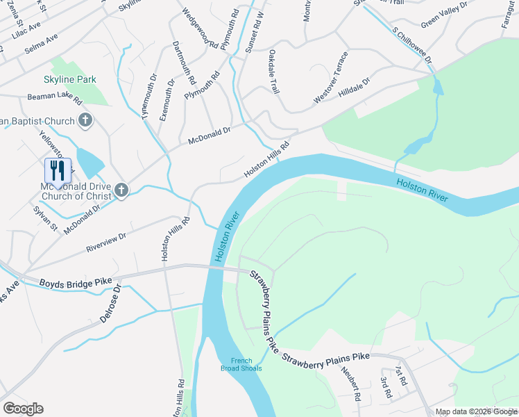 map of restaurants, bars, coffee shops, grocery stores, and more near 1821 River Shores Drive in Knoxville