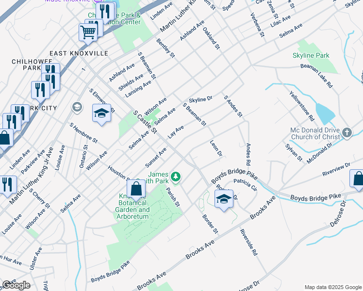 map of restaurants, bars, coffee shops, grocery stores, and more near 3117 Sunset Avenue in Knoxville
