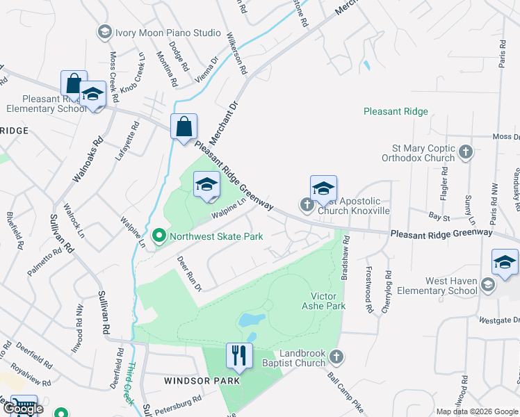 map of restaurants, bars, coffee shops, grocery stores, and more near 5221 Pleasant Ridge Road in Knoxville