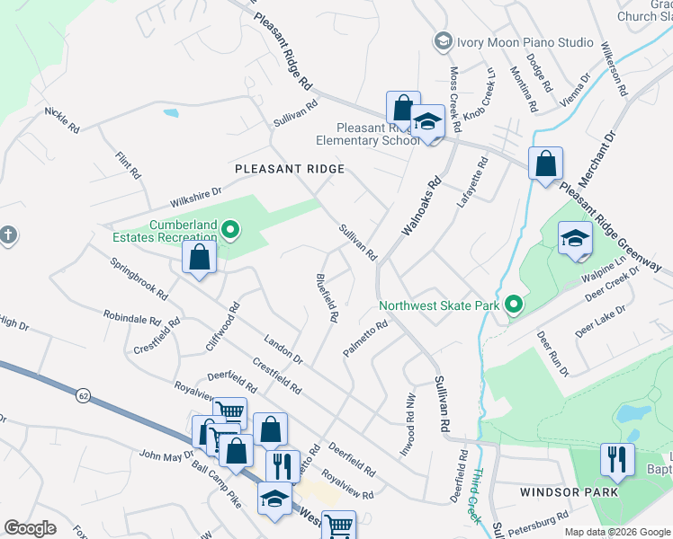 map of restaurants, bars, coffee shops, grocery stores, and more near 5201 Bluefield Road in Knoxville
