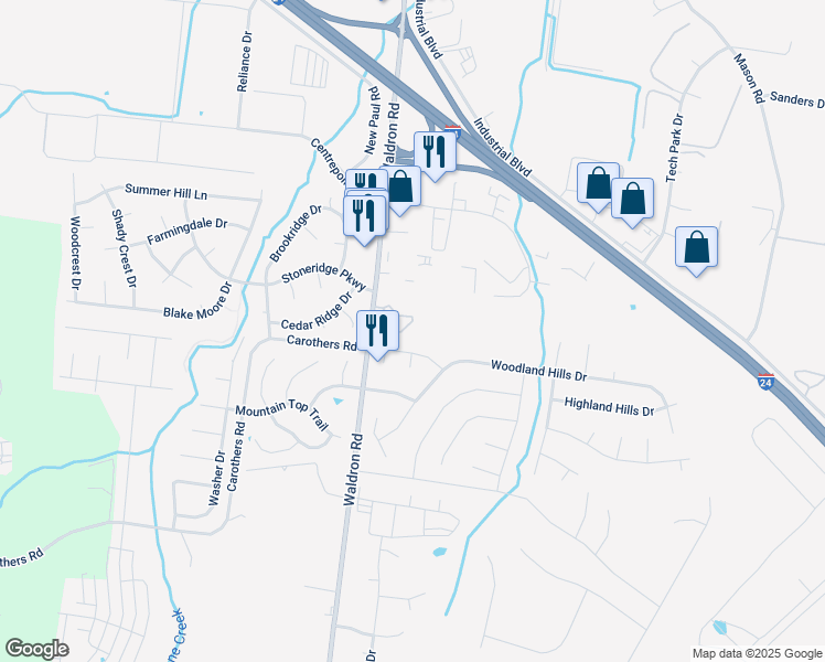 map of restaurants, bars, coffee shops, grocery stores, and more near 108 Kingsridge Drive in La Vergne
