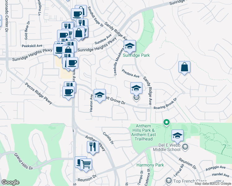map of restaurants, bars, coffee shops, grocery stores, and more near 1135 Hidden Mist Street in Henderson