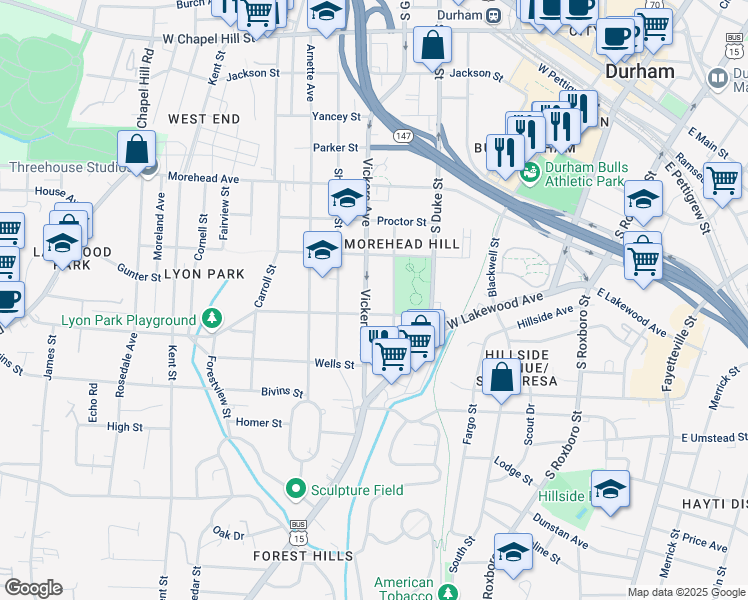 map of restaurants, bars, coffee shops, grocery stores, and more near 1223 Vickers Avenue in Durham