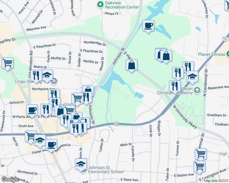 map of restaurants, bars, coffee shops, grocery stores, and more near 402 Chester Woods Court in High Point