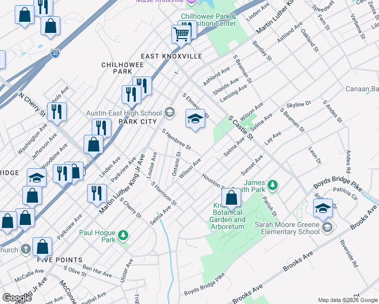 map of restaurants, bars, coffee shops, grocery stores, and more near 419 South Hembree Street in Knoxville