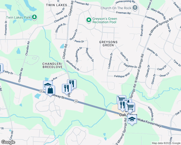 map of restaurants, bars, coffee shops, grocery stores, and more near 3702 Weatherby Drive in Durham