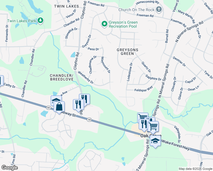 map of restaurants, bars, coffee shops, grocery stores, and more near 3702 Weatherby Drive in Durham