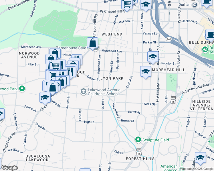 map of restaurants, bars, coffee shops, grocery stores, and more near 1210 Cornell Street in Durham