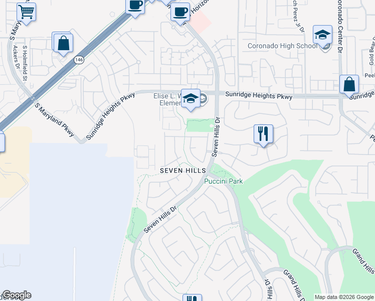 map of restaurants, bars, coffee shops, grocery stores, and more near 1119 Scenic Crest Drive in Henderson