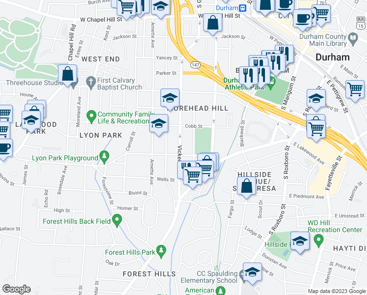 map of restaurants, bars, coffee shops, grocery stores, and more near 1223 Vickers Avenue in Durham