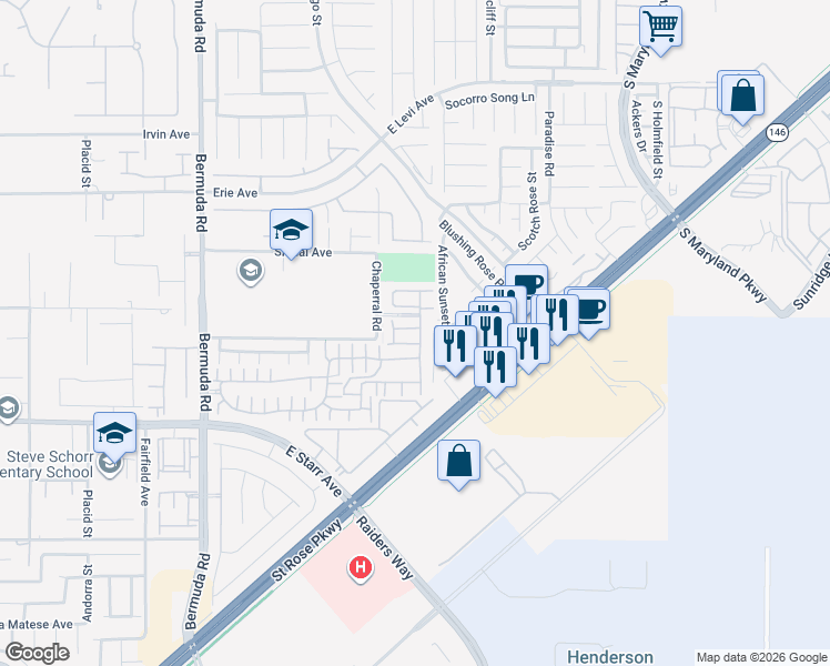 map of restaurants, bars, coffee shops, grocery stores, and more near 1113 Via Monticano in Henderson