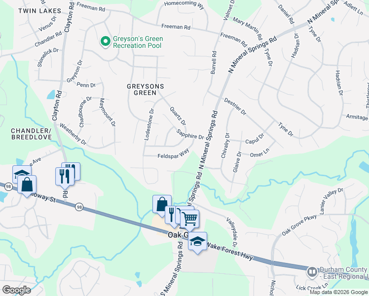 map of restaurants, bars, coffee shops, grocery stores, and more near 414 Quartz Drive in Durham