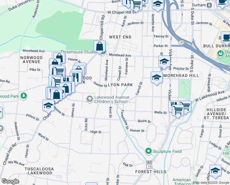 map of restaurants, bars, coffee shops, grocery stores, and more near 1210 Cornell Street in Durham