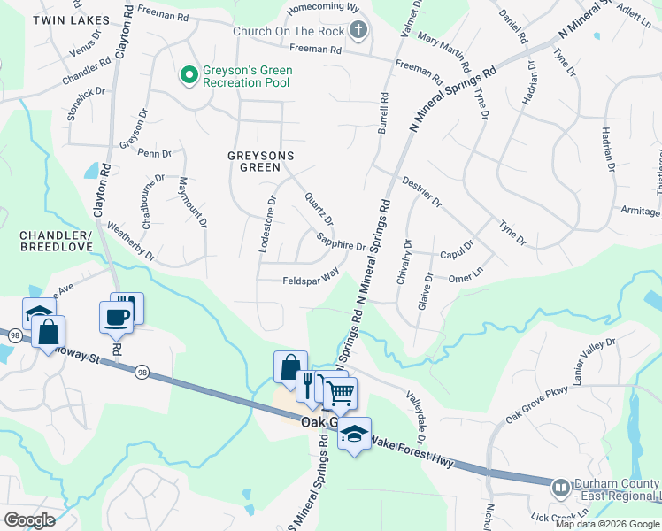 map of restaurants, bars, coffee shops, grocery stores, and more near 411 Feldspar Way in Durham