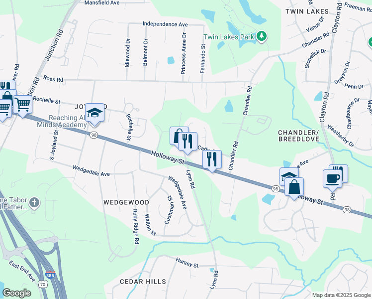 map of restaurants, bars, coffee shops, grocery stores, and more near 3002 Cathy Drive in Durham