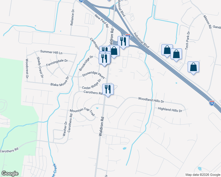 map of restaurants, bars, coffee shops, grocery stores, and more near 108 Kingsridge Drive in La Vergne