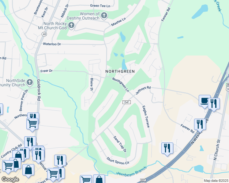 map of restaurants, bars, coffee shops, grocery stores, and more near 768 Brassie Club Drive in Rocky Mount