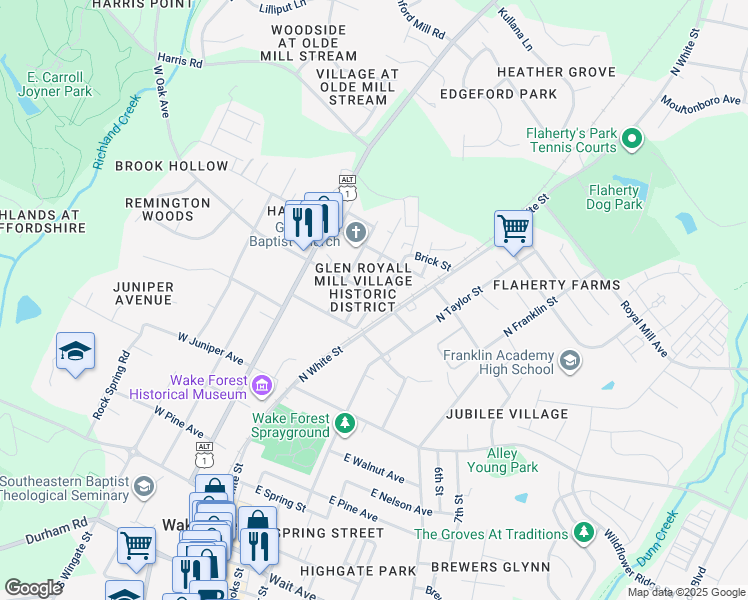 map of restaurants, bars, coffee shops, grocery stores, and more near 633 Brewer Avenue in Wake Forest