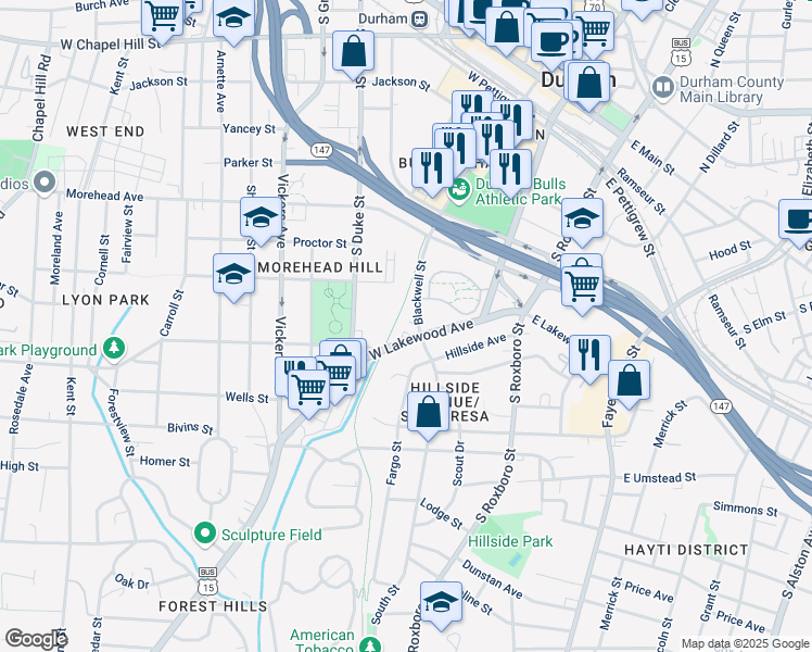 map of restaurants, bars, coffee shops, grocery stores, and more near 220 West Lakewood Avenue in Durham