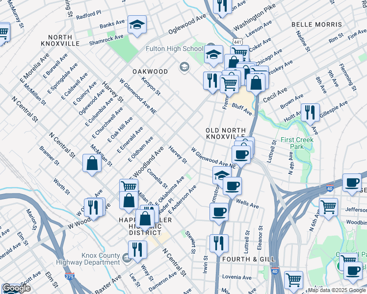 map of restaurants, bars, coffee shops, grocery stores, and more near 518 West Glenwood Avenue Northeast in Knoxville