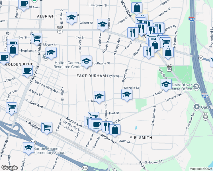 map of restaurants, bars, coffee shops, grocery stores, and more near 304 North Guthrie Avenue in Durham