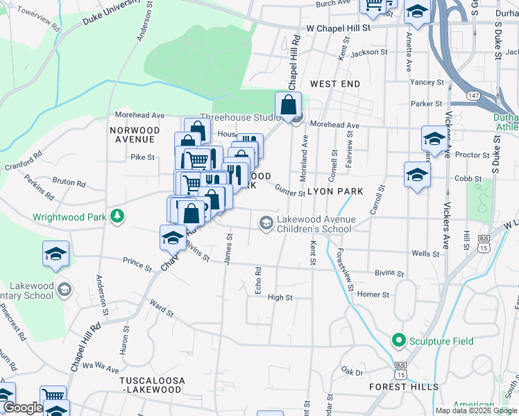 map of restaurants, bars, coffee shops, grocery stores, and more near 1711 Dean Street in Durham