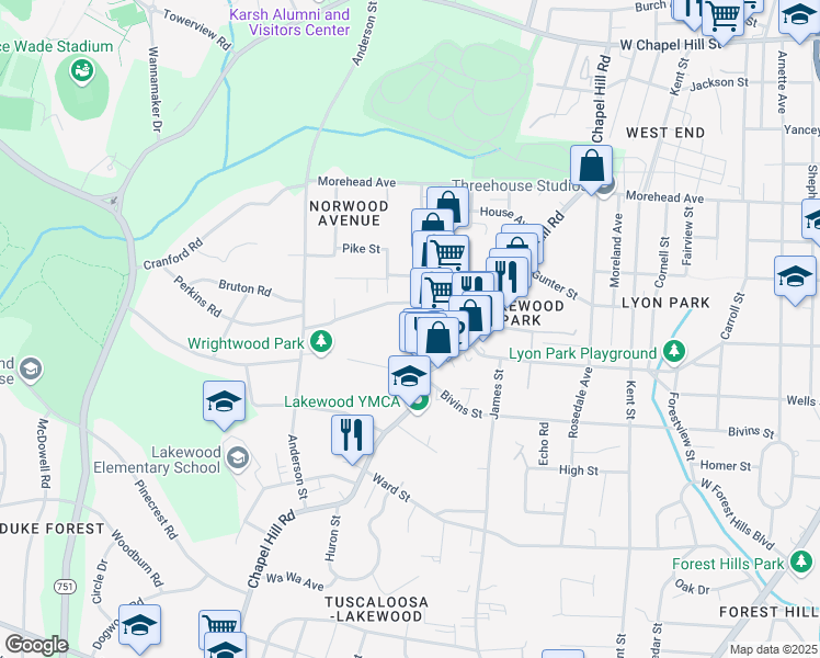 map of restaurants, bars, coffee shops, grocery stores, and more near 2006 Jersey Avenue in Durham