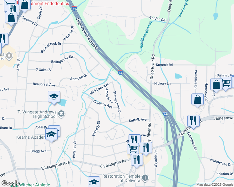 map of restaurants, bars, coffee shops, grocery stores, and more near 2113 Stoneycreek Drive in High Point