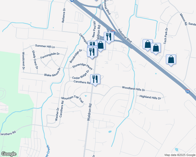 map of restaurants, bars, coffee shops, grocery stores, and more near 108 Kingsridge Drive in La Vergne