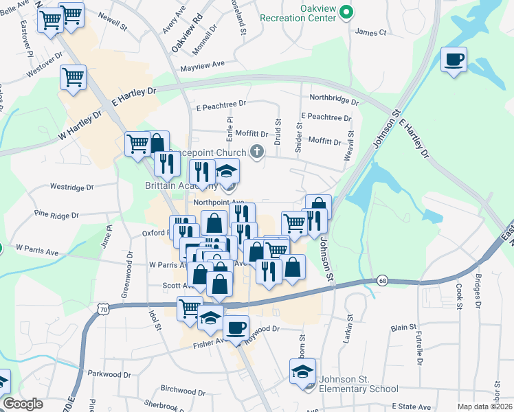 map of restaurants, bars, coffee shops, grocery stores, and more near 208 Northpoint Avenue in High Point