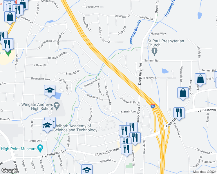map of restaurants, bars, coffee shops, grocery stores, and more near 2113 Stoneycreek Drive in High Point