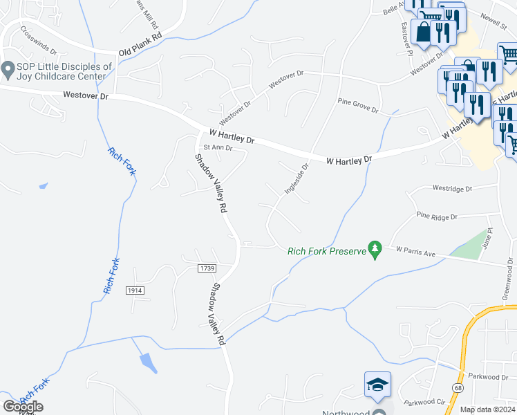 map of restaurants, bars, coffee shops, grocery stores, and more near 807 Celtic Crossing Drive in High Point