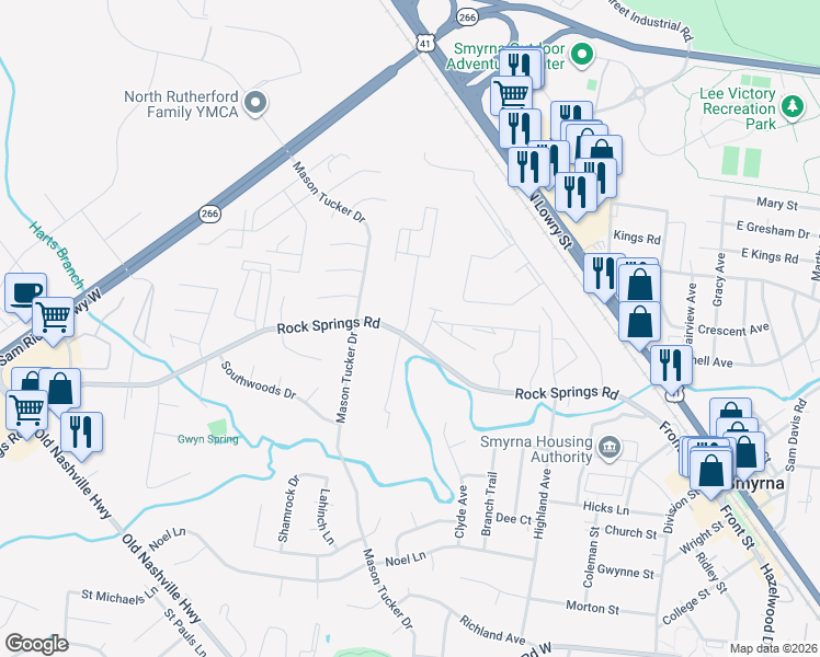 map of restaurants, bars, coffee shops, grocery stores, and more near 602 Rock Springs Road in Smyrna