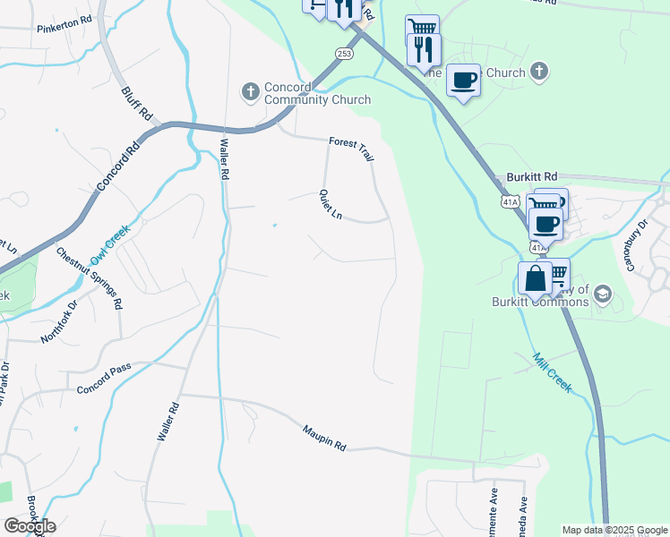 map of restaurants, bars, coffee shops, grocery stores, and more near 131 Ridgewood Lane in Brentwood